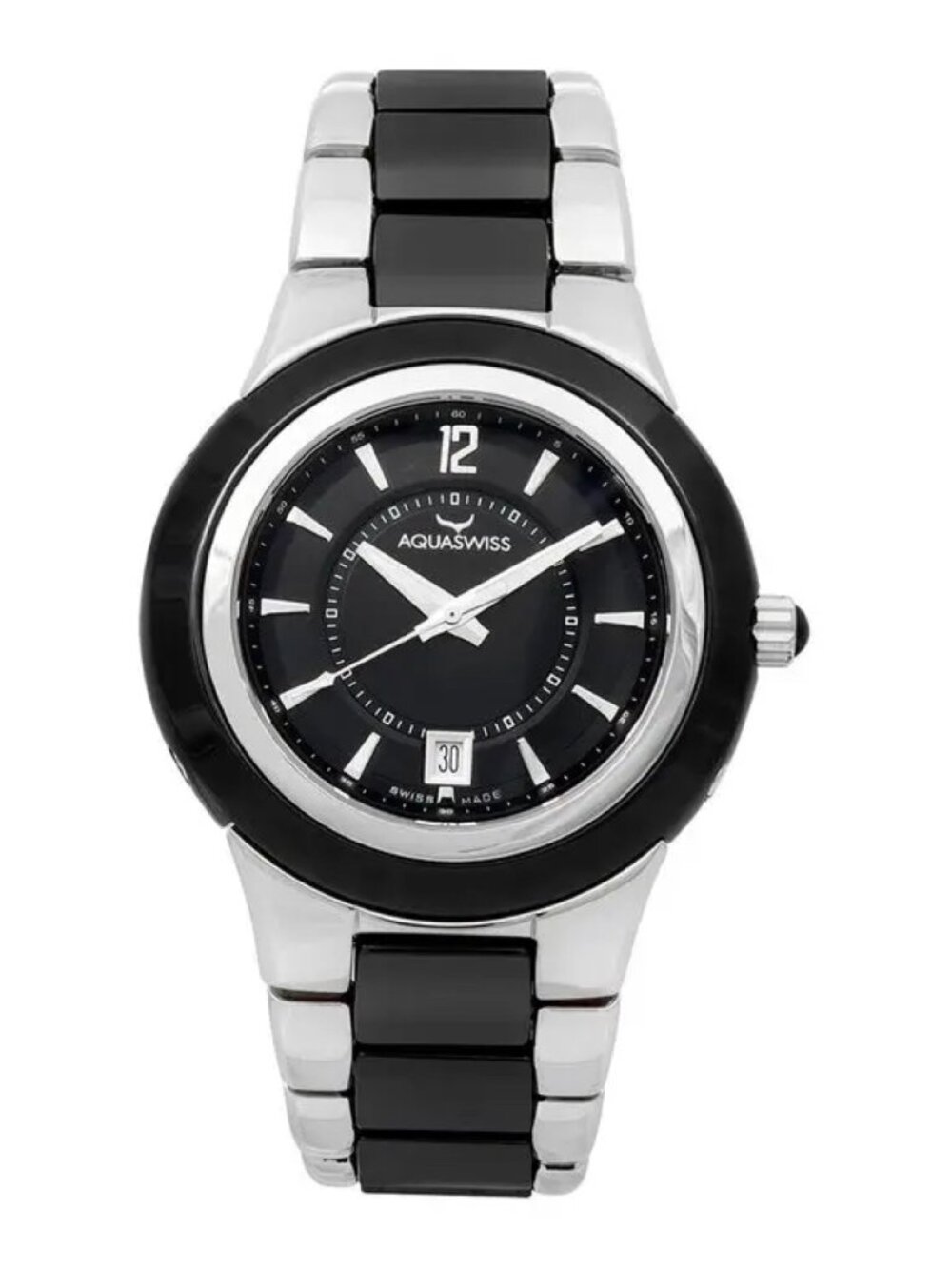 AquaSwiss C91 M Black Ceramic Stainless Steel Watch Date Needs Battery